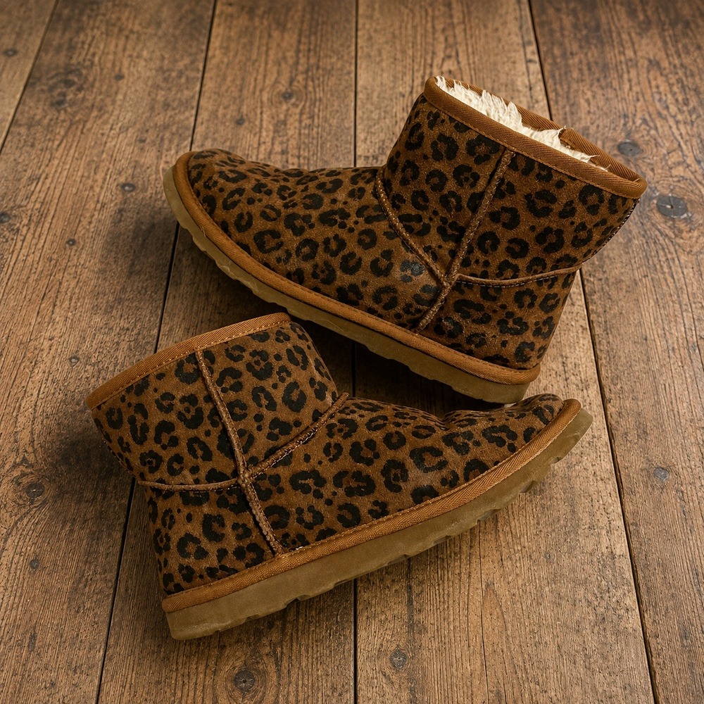 Leopard Print Ankle Slipper Boots Faux Fur Lined‎ Brown 8 Boho Fall 2000s